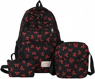 3 Pieces Backpack Set with Artistic Bow, Large Capacity Casual Travel Bag with Lunch Box and Case, Korean Style Backpack, red, MULTIFUNCTIONAL