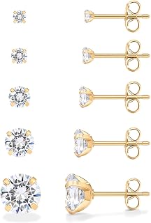 PAVOI Waterproof CZ Stud Earrings for Women, 14K Gold Plated Set of 5 Studs