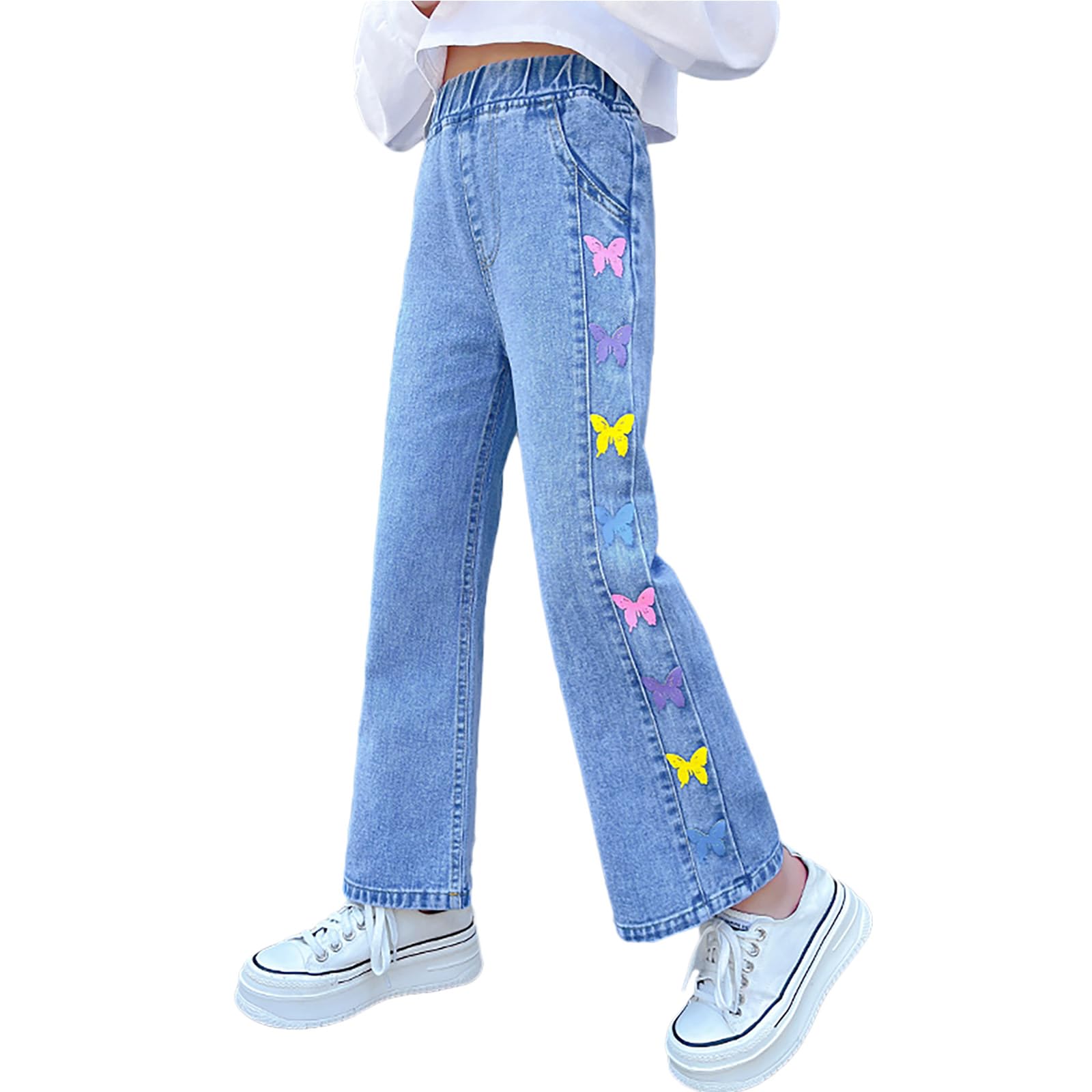 Rolanko Girls Jeans Denim Elastic Wasit Wide Leg Baggy Pants Kids Clothes 4-14 Y