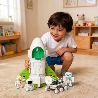 Jomifin Spaceship Toy with Lights & Sound, Space Shuttle Playset | Includes 3 astronauts, lunar car & open cockpit. Spray exhaust with water. Safe non-toxic rounded edges. Great birthday gift.