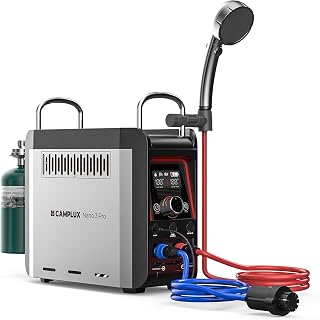 CAMPLUX Nano 3 Pro, Battery Powered Portable Water Heater, 1 lb On-Demand Propane Camping Shower, On Ground Camp Water Heater & Shower Pump, CSA Certified Safety