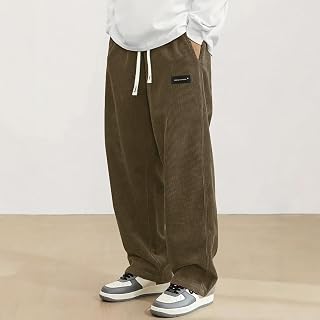 Men's Corduroy Straight Leg Sweatpants Fashion Loose Fit Wide Leg Pants Elastic Waist Drawstring