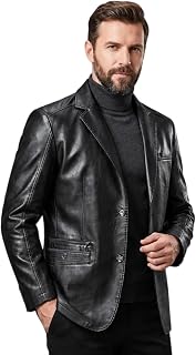 Mens Leather Blazer Business Casual Lapel Soft Leather Blazer Jackets Regular Fit 2 Buttons with Pockets