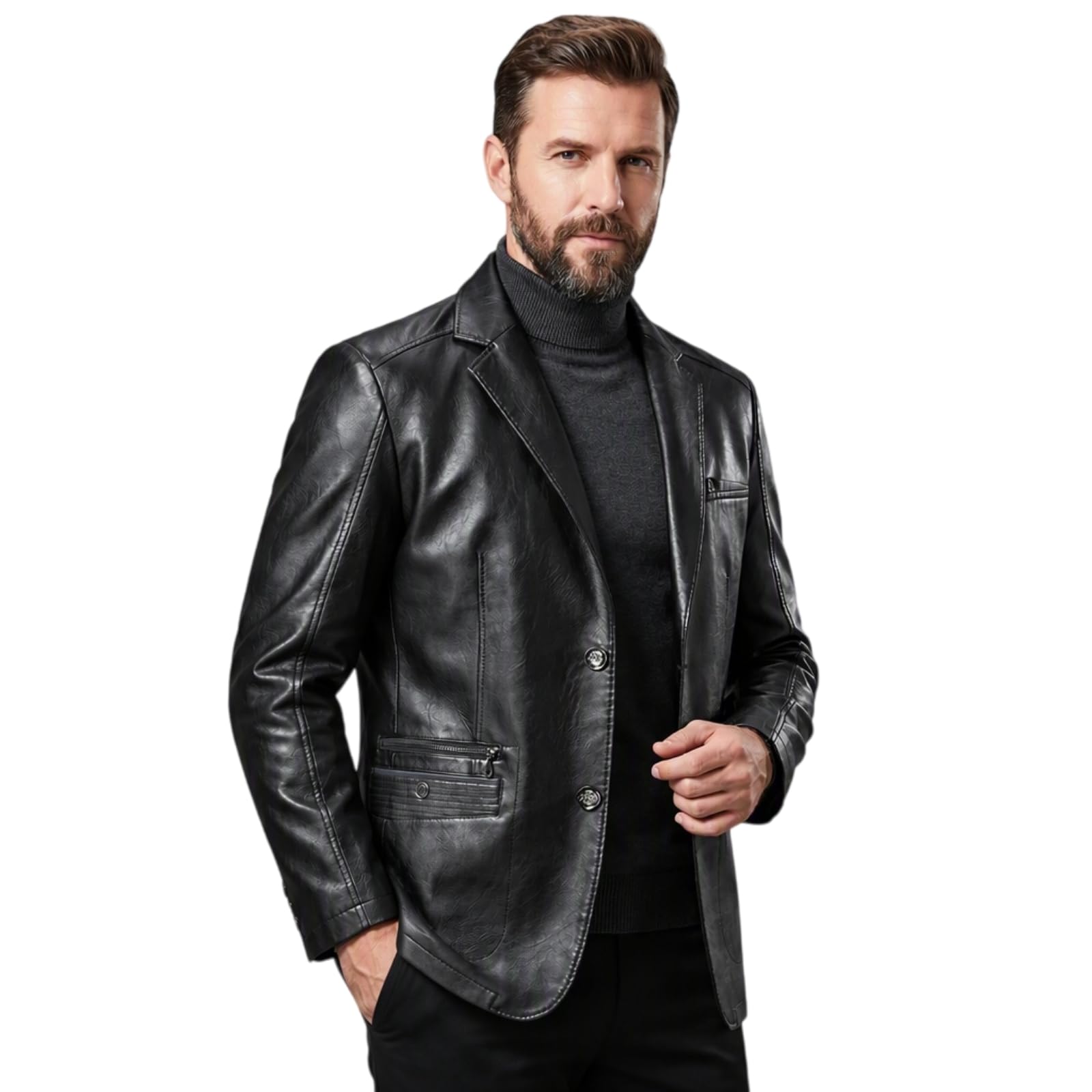 Mens Leather Blazer Business Casual Lapel Soft Leather Blazer Jackets Regular Fi