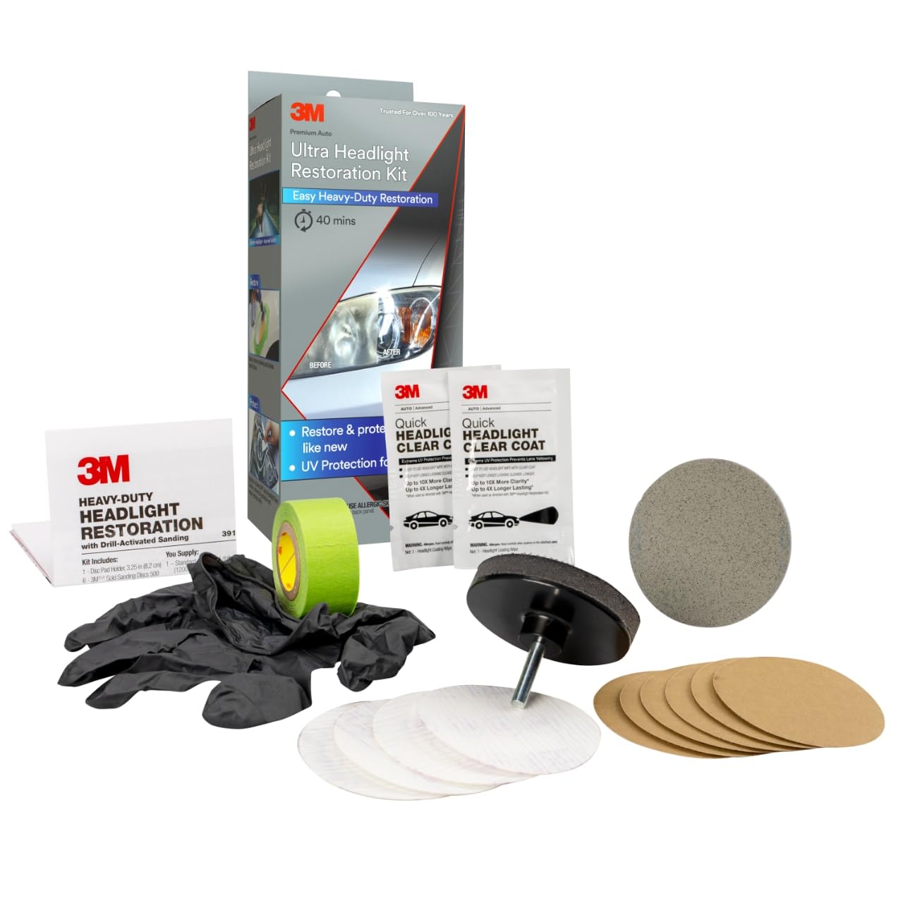 3M Ultra Headlight Restoration Kit, Contains Masking Tape, Light Sanding Discs, 