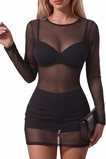 Avidlove Mini robe moulante à manches longues en maille transparente pour