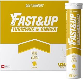 FAST&UP Turmeric & Ginger Effervescent Tablets, Herbal Supplement with Curcumin, Zinc, Black Pepper, 100 Tablets (4 x 25), Mango Flavour, by Fullife Healthcare