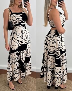 Women Floral Print Maxi Dress Adjustable Straps Waist Cutout Ruched Back Ruched Hem Holiday Casual Dress