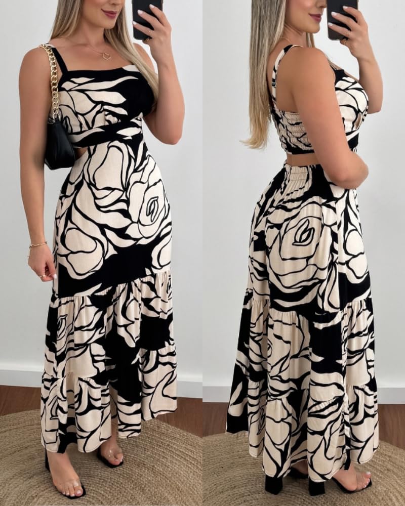 Women Floral Print Maxi Dress Adjustable Straps Waist Cutout Ruched Back Ruched 
