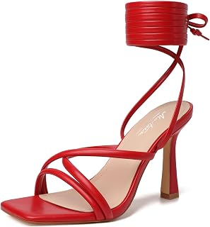 Mostrin Womens Sandals Strappy Heels for Women Ankle Strap Lace Up Heels Square Open Toe Heels Tie Up Stiletto High Heeled Sandals for Prom, Party, Daily Wear