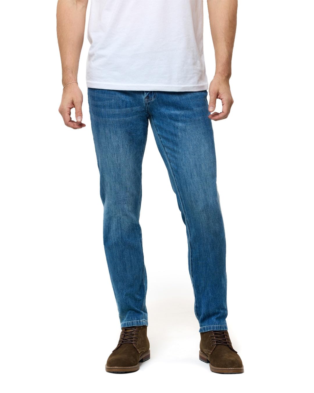INTO THE AM Medium Indigo Mens Jeans - Legacy Stretch Denim Slim Fit Tapered Leg