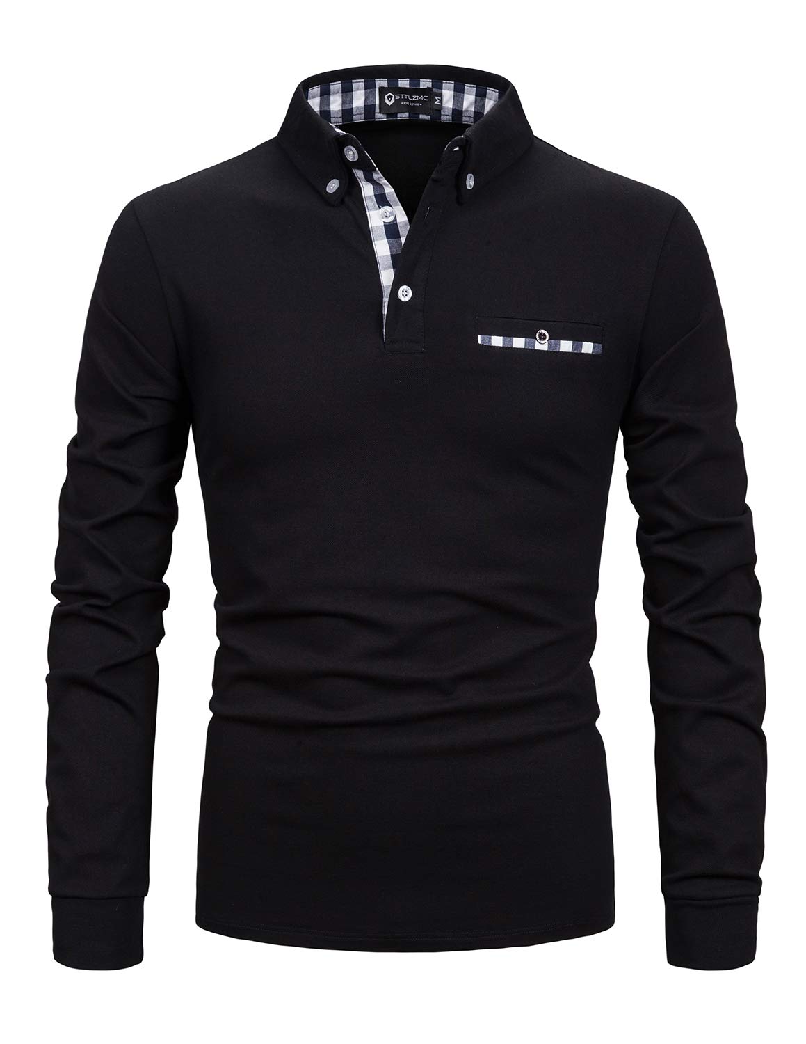 STTLZMC Men's Long Sleeve Polo Shirts Casual Fit Plaid Collar Cotton Golf T-Shir