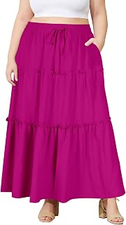 Moon Wood Plus Size Maxi Skirts for Women Trendy Long Flowy Boho Tiered Skirt Renaissance Summer Beach Skirt with Pockets