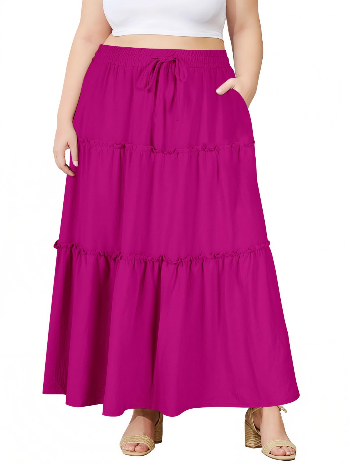 Moon Wood Plus Size Maxi Skirts for Women Trendy Long Flowy Boho Tiered Skirt Re