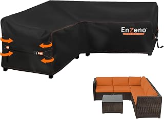 Enzeno Garden L Shaped Furniture Corner Sofa Cover Outdoor Waterproof | 420D Oxford Fabric V Shape Patio Rattan Corner Sofa Cover with Waterproof Tape,Air Vent,Windproof Metal Buckle 215x215x87cm