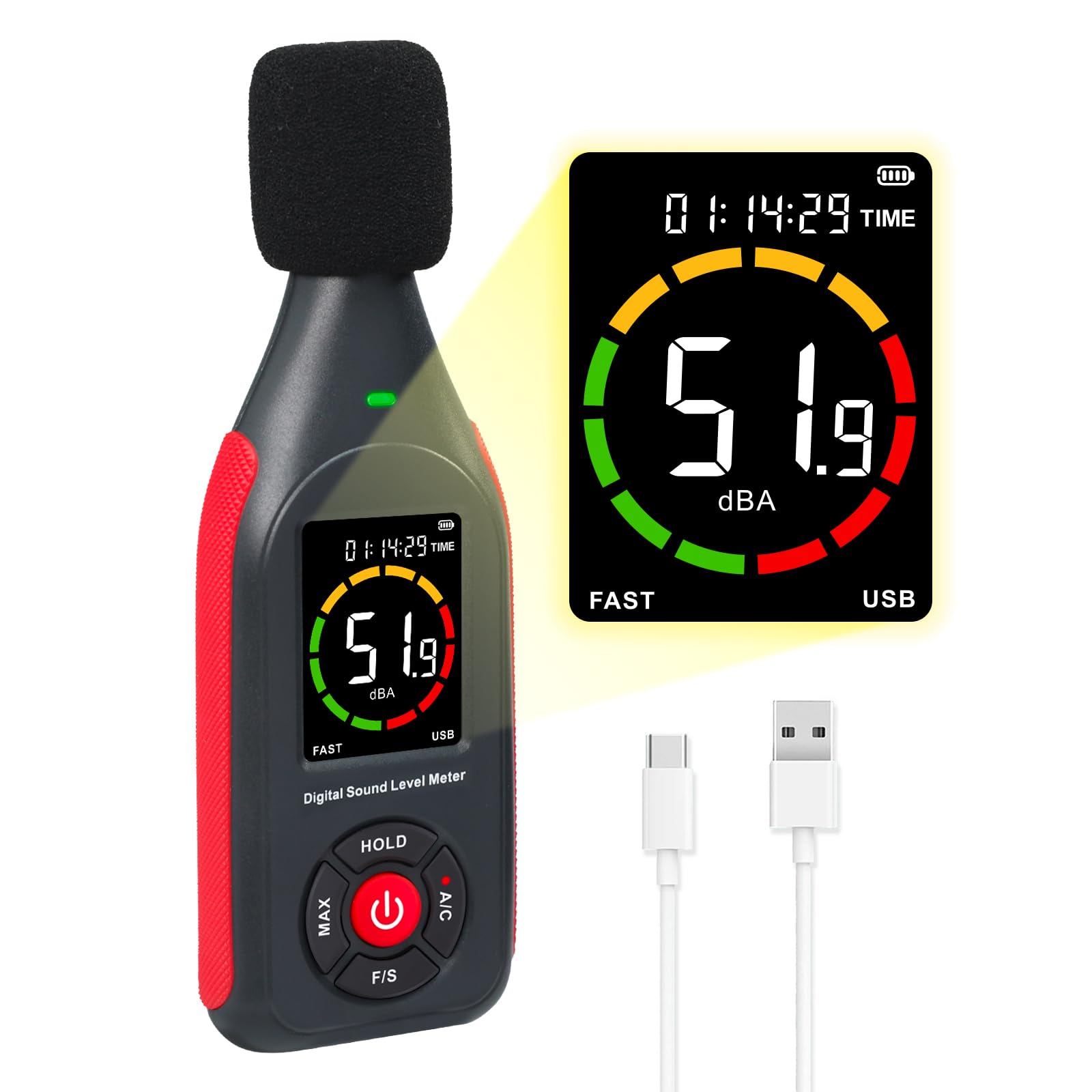 Decibel Meter Data Logger, Digital Sound Level Meter with Recording, dB Meter 30