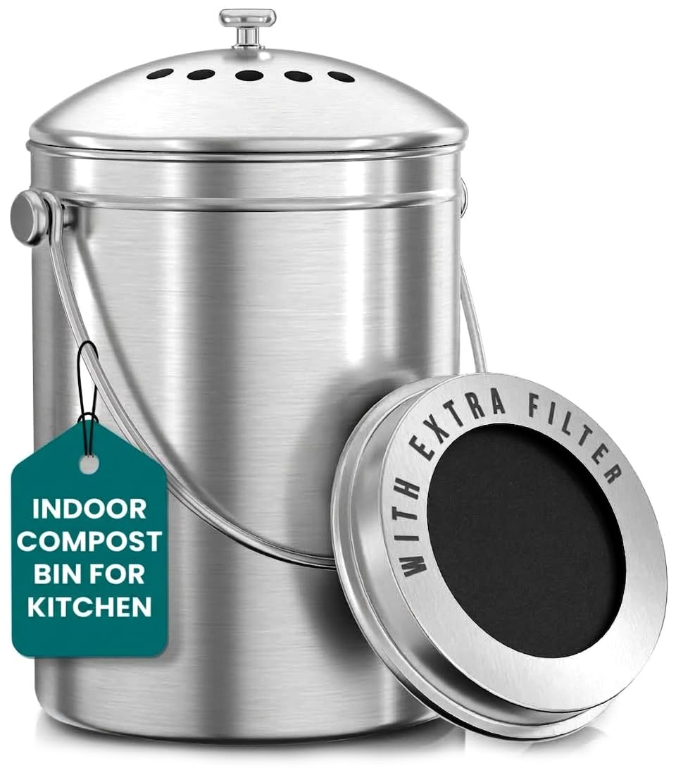 3 Litre Premium Stainless Steel Composting Bin - Includes Charcoal Filter Utopia
