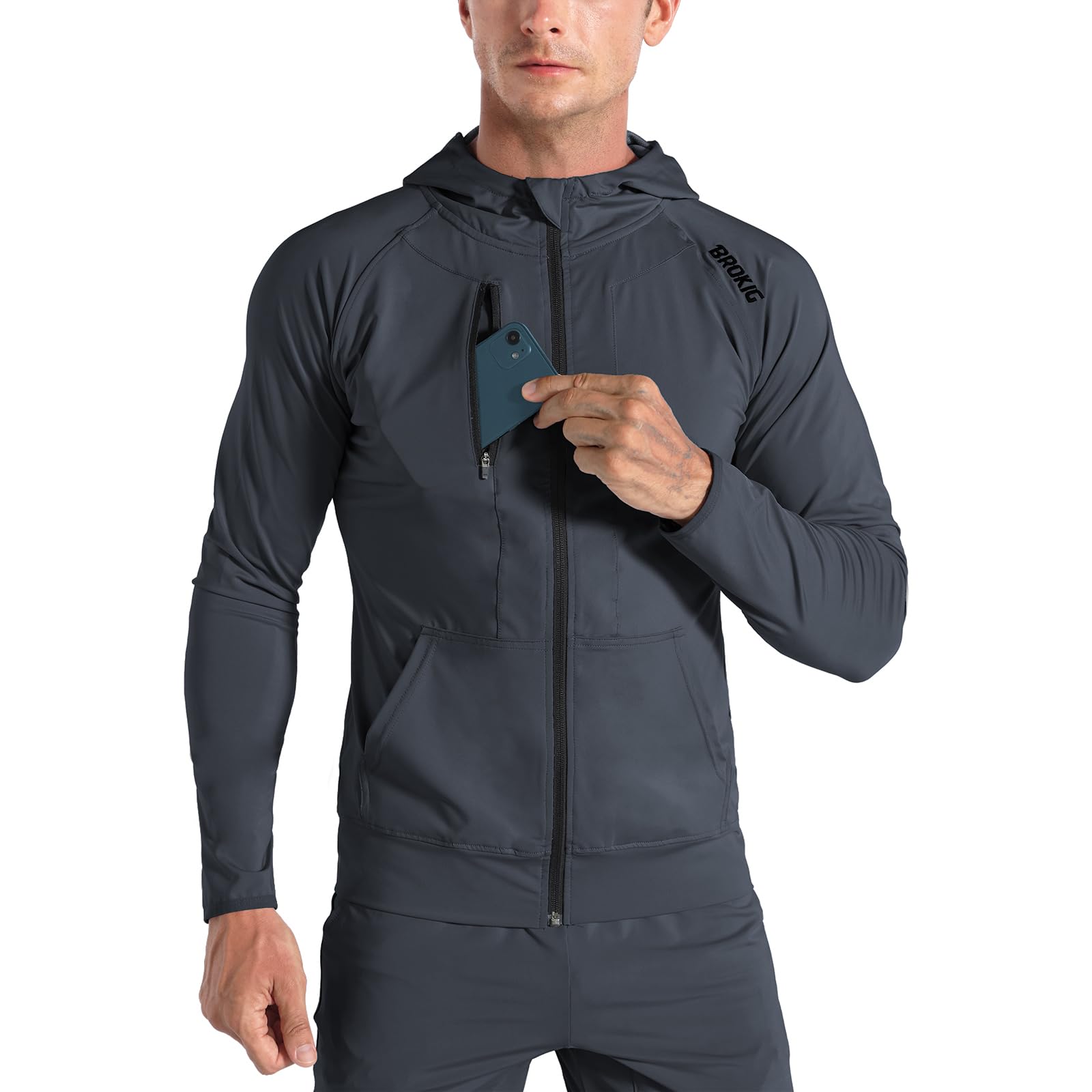 BROKIG Mens Zip Hoodies Gym Lightweight Running Jacket Sport Cycling Track