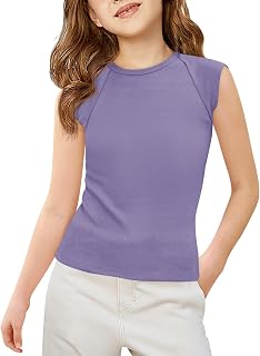 Haloumoning Camisetas sin mangas para niñas, de punto acanalado, con manga casquillo, para verano, de 5 a 14 años