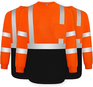 TCCFCCT High Visibility Shirt for Men Women Class 2 Hi Vis Long Sleeve Construction, Reflective Safety Work Shirt with Black Bottom, Dirt-Resistant, Durable, Meet ANSI, Orange L 3pcs