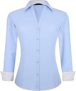 WARHORSEE Women's Button Down Long Sleeve V-Neck Easy Care Stretch Casual Shirt for Women