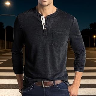 Men's Henley Long Sleeve Shirts Button T-Shirt Classic Causal Cotton Tops with Pocket