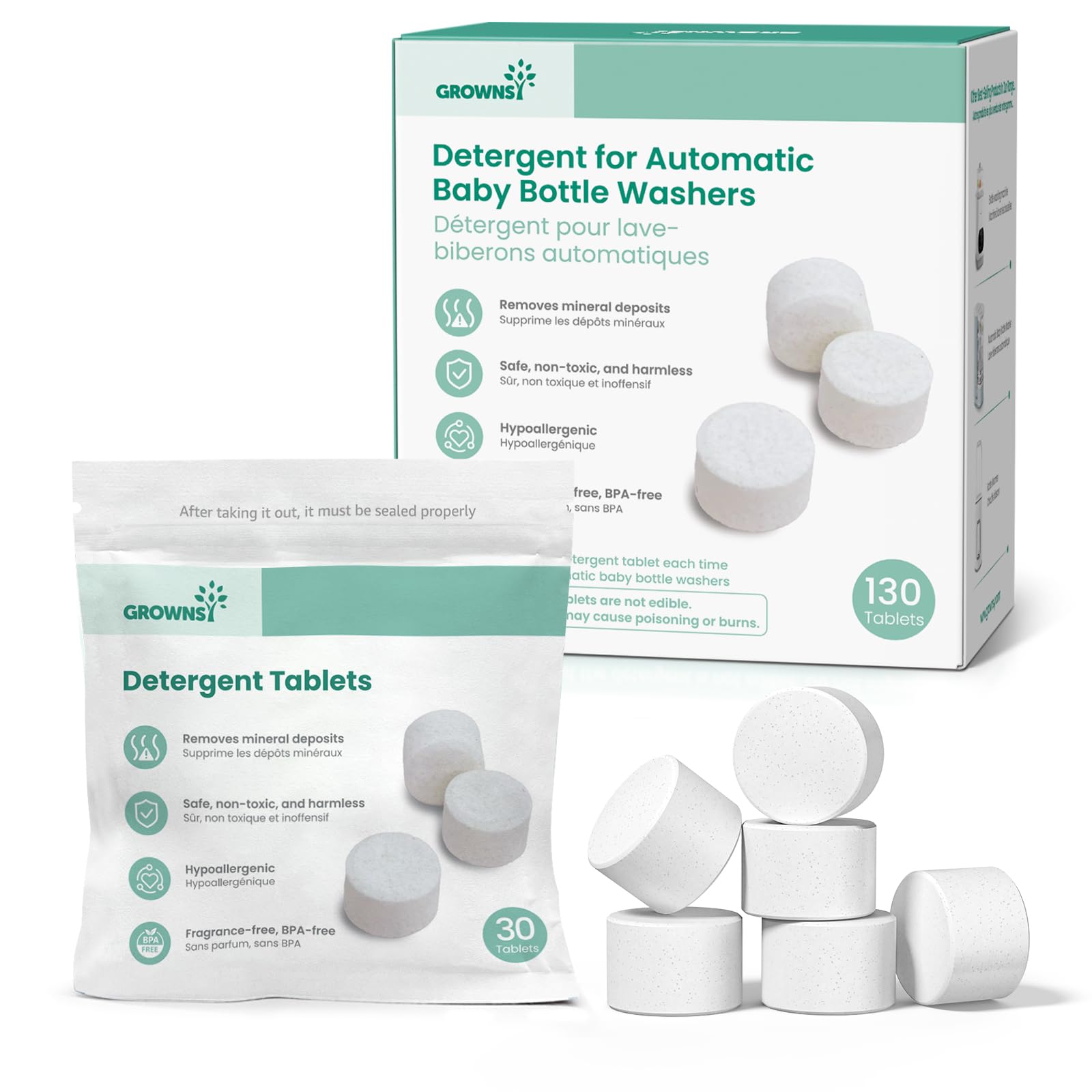 Grownsy Baby Bottle Washer Detergent Tablets, 130 Count | Fits All Brands of Bab