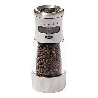 OXO Good Grips Contoured Pepper Grinder with Adjustable Ceramic Mill | Pre-loaded with Peppercorns, 5 Grind Settings, Ceramic Grinder, Non-slip Grip, Home and Kitchen Use, Spice Grinder