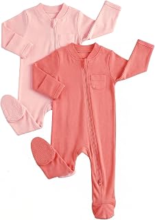 JiAmy Baby Grows Sleepsuits 2 Pack, Tiny Baby 100% Cotton Two-Way Zip Long Sleeve Footed Pajamas with Mitten Cuffs for Newborn-12 Month