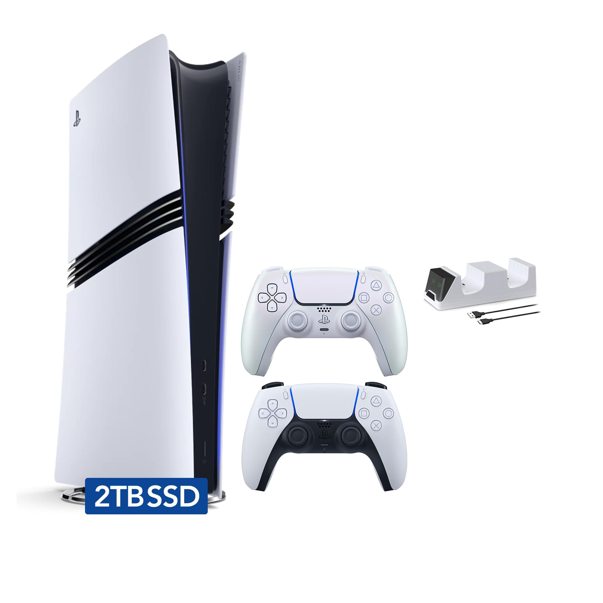 Sony PlayStation 5 Pro 2TB SSD Digital Console with Two Controllers, White and C