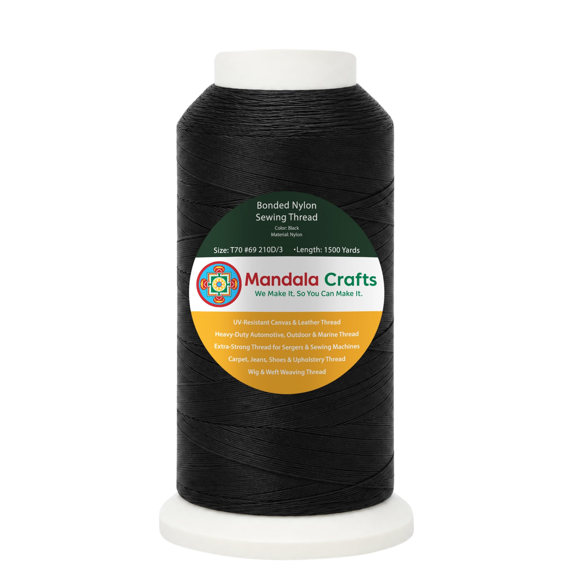 Mandala Crafts Size 69 210D T70 Black Bonded Nylon Thread, 1500 YDs | Tex 70, UV