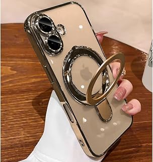 Magnetic Ring Case for iPhone 16 Case Kickstand Compatible with MagSafe Built-in Camera Lens Protector Shockproof Phone Case for iPhone 16 6.1" - Gold