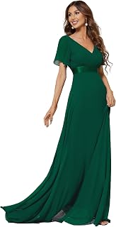 Ever-Pretty Long Evening Dress Double V Neck Ruffle Sleeves