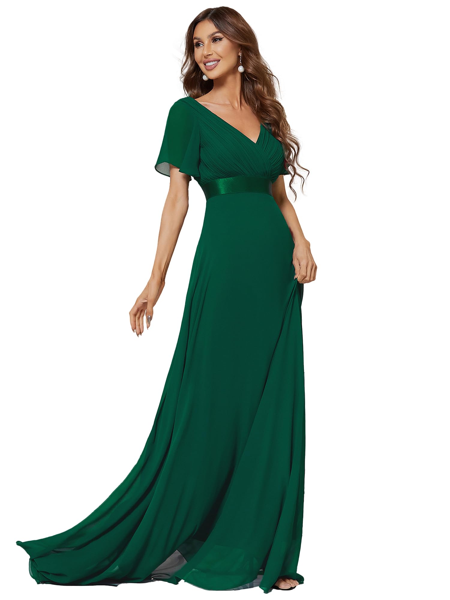Ever-Pretty Long Evening Dress Double V Neck Ruffle Sleeves