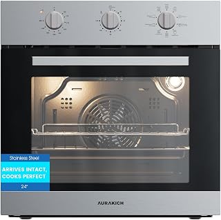 AURAKICH 24 inch Built-in Electric Wall Oven, Stainless Steel | 2.5 Cu.ft Convection, 4D Hot Air & 9 Cooking Modes, 3 Knob Control, 3-Layer Tempered Glass Door, Secure Shipping Design