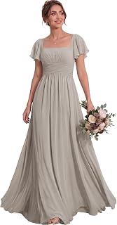 MisShow Women's Flutter Sleeves Bridesmaid Dresses Square Neck Chiffon Maxi Dress A Line Formal Evening Gown