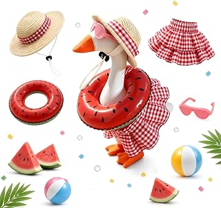 Summer Outfit for 7 Inch Magnetic Desk Goose Statue, Mini Desktop Goose Clothes with Straw Hat, Sunglasses, Swim Ring and Skirt, Funny Tabletop Accessories for Home Office Decor