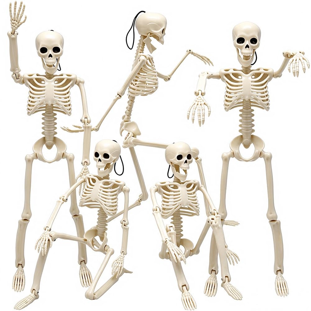 WODMAZ 5 Packs Halloween Skeletons, 16" Halloween Full Body Skeleton with Posabl