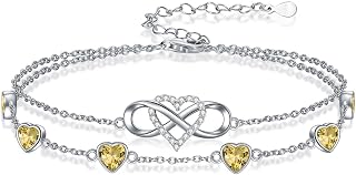 Infinity Heart Birthstone Charm Link Anklets/Bracelets for Women 925 Sterling Silver Adjustable Anniversary Birthday Gifts Mother's Day Jewelry Gift for Mom Women Wife Her Friends