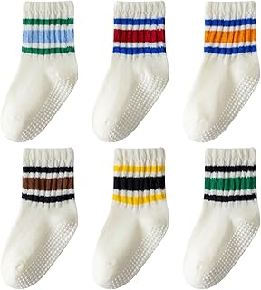 Wamvp Toddler Grip Socks with Non-Slip Unisex Baby Stripe Crew Cotton Socks | Retro Seamless Ankle Socks for Girls Boys 6 Pairs
