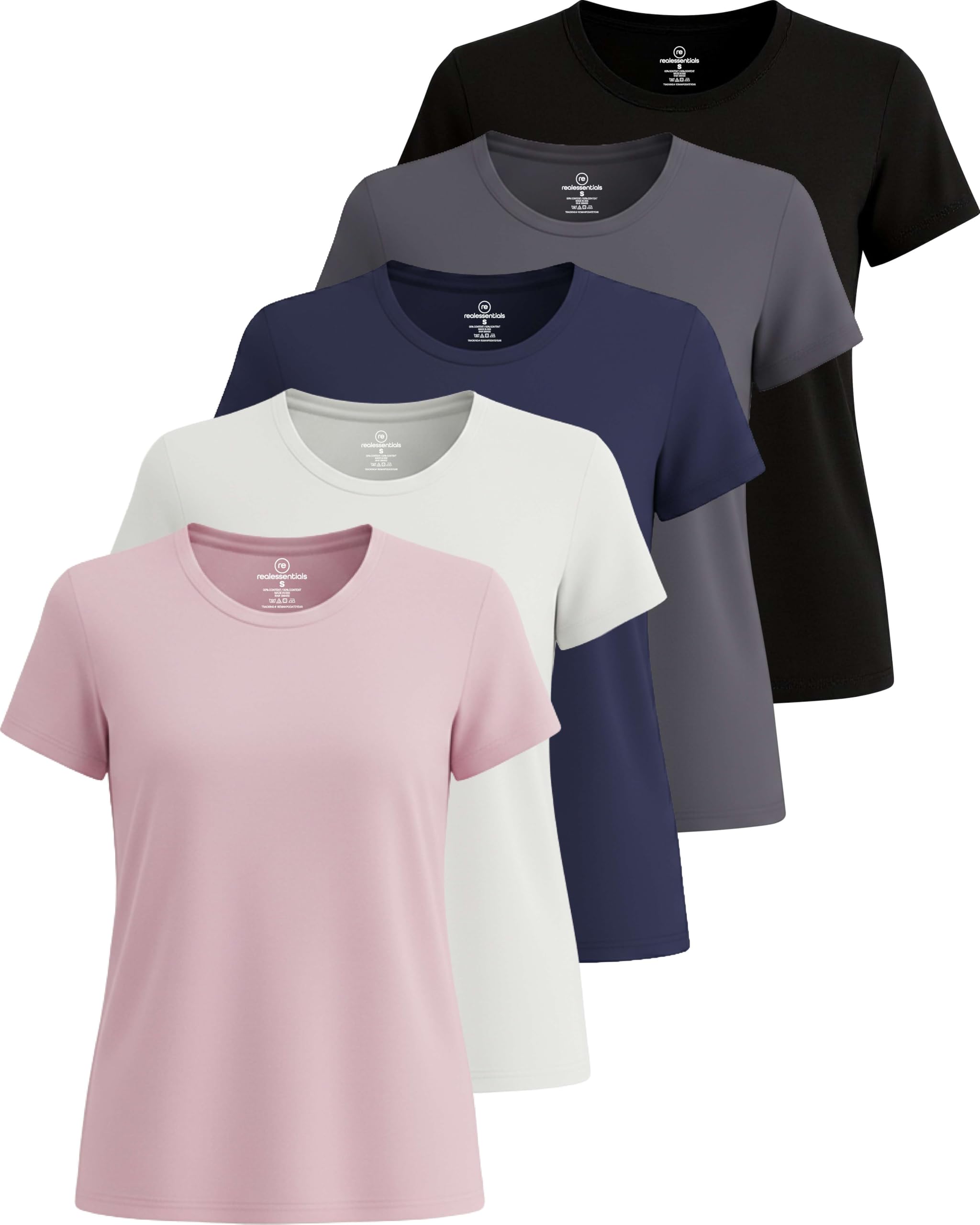Real Essentials Pack of 5 Women's T-Shirts Women Short Sleeve Workout Fitness Pi
