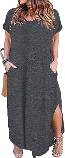 Kancystore Plus Size Dresses for Women, Short Sleeve Casual Long Dress with Loose Pockets, Short Sleeve Split Plus Size XL-5X