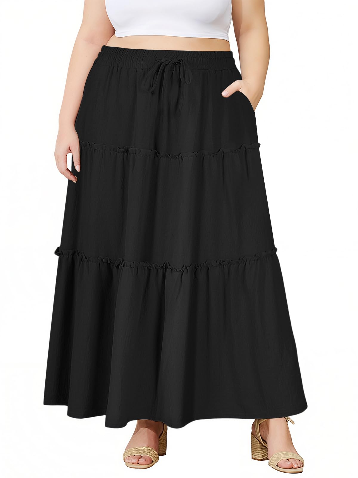 Moon Wood Plus Size Maxi Skirts for Women Trendy Long Flowy Boho Tiered Skirt Re