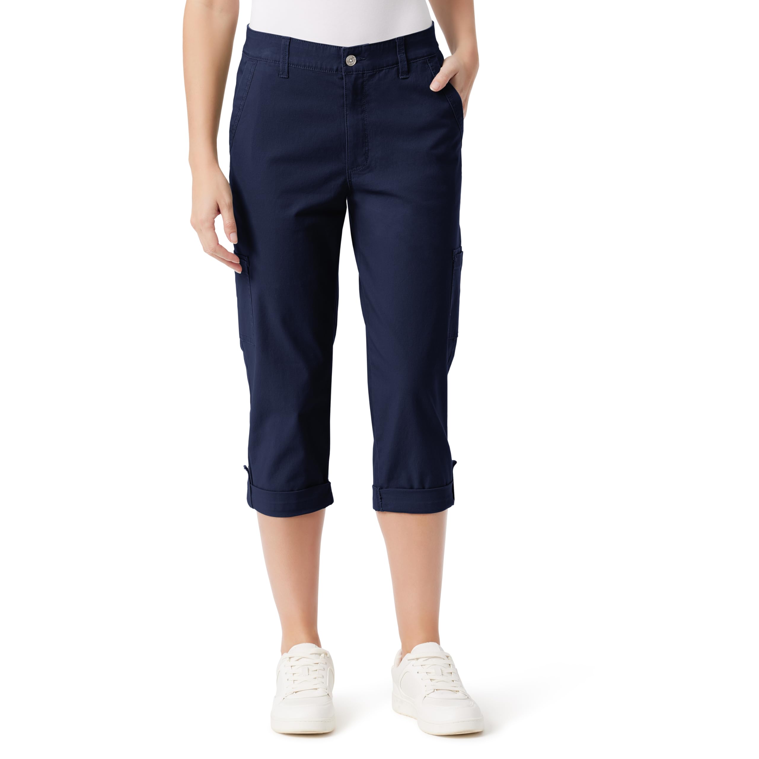 Gloria Vanderbilt Cargo Capri Tab Roll Cuff with Zip Front And Elastic Waist Sta