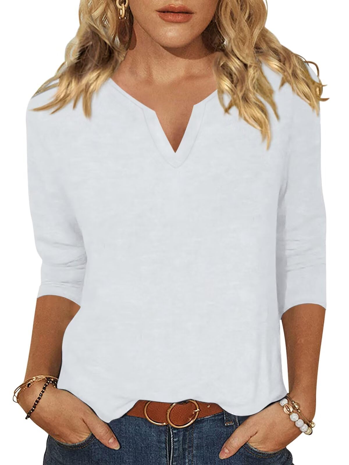 EADINVE Womens V Neck 3/4 Sleeve T-Shirts Solid Color Casual Basic Tops Summer 2