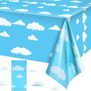 Tatuo 1 Pcs Blue Sky White Clouds Cartoon Story Tablecloth | 54 x 108 Inch, Cartoon Tablecover, Disposable Rectangular Table Cover, for Shower Birthday Christmas Party Photo Decorations