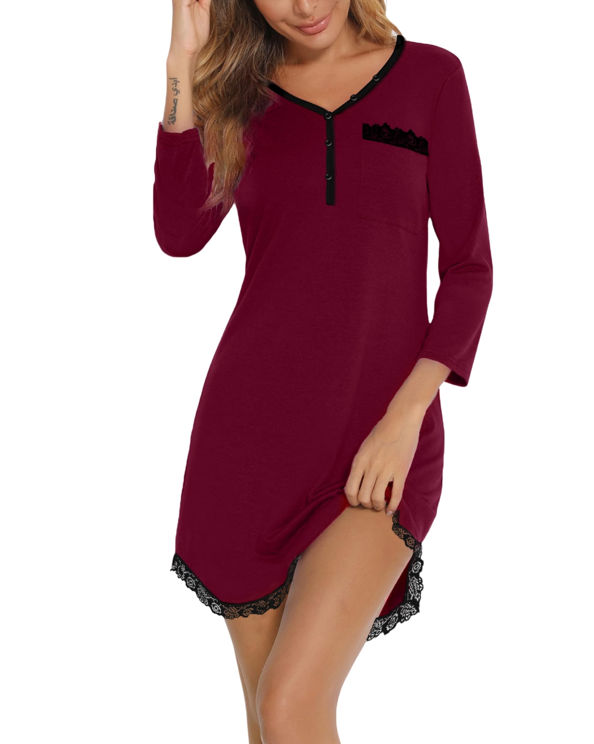 Women's Sexy Cotton Nightgown with V-Neck Button and Pyjamas Lace Nightgowns Wom
