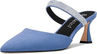 Saekcted Women's Chunky Block Medium Heel Pointed Toe Pumps Slip-on Diamante Crystal Casual Cute Slippers Fashion Shoes