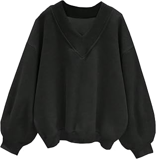 Hilinker Womens V Neck Oversized Sweatshirts Drop Shoulder Long Sleeve Tops Cute Pullover Black Small