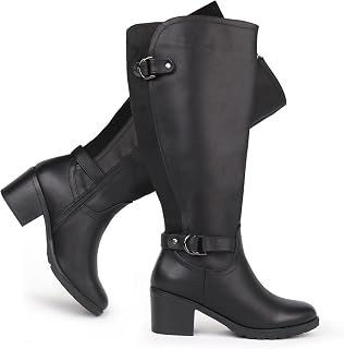 Women's Wide Calf Knee High Riding Boots with Block Heel and Decorated Double Buckle